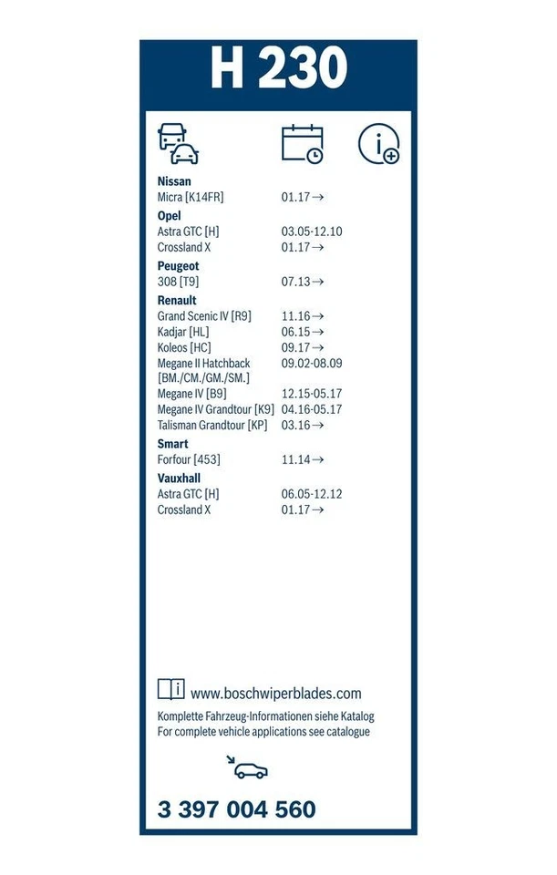 Limpiaparabrisas trasero Nissan Micra K14 2017 en adelante BOSCH H230 Foto 2 de 4
