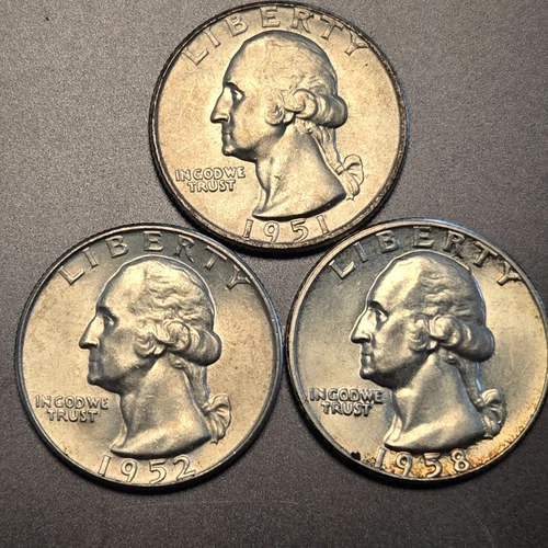 Lot of 3 different Washington silver quarters.1951d 1952d 1958d Au/Unc