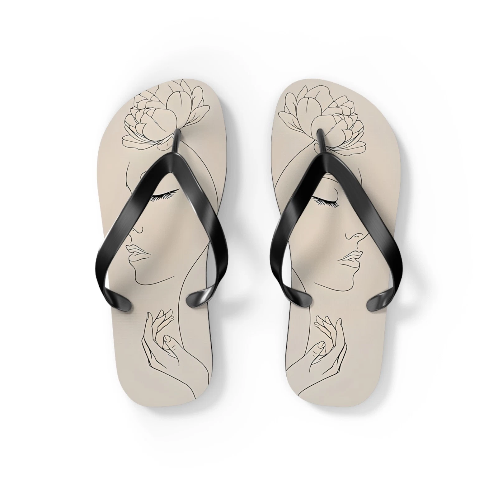 Minimal Line Art Woman with Flower Flip Flops | Neutral Sand