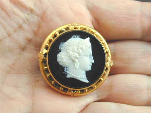 SPECTACULAR ORNATE Antique 14k Gold Hard Stone Cameo Pin Brooch ESTATE