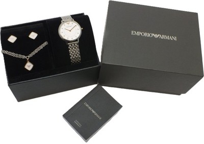 EMPORIO ARMANI AR80023 SS silbernes Zifferblatt Damenuhr, Ohrring & Armband Geschenkset