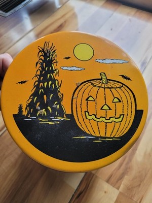 Vtg Halloween Popcorn Plus Orange Tin Bucket Pumpkin Witch Ghost Blk Cat Motif 