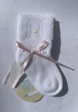NWT Will'Beth White Pink Knit Ribbon Socks Booties Baby Girls Newborn 0 3 Months