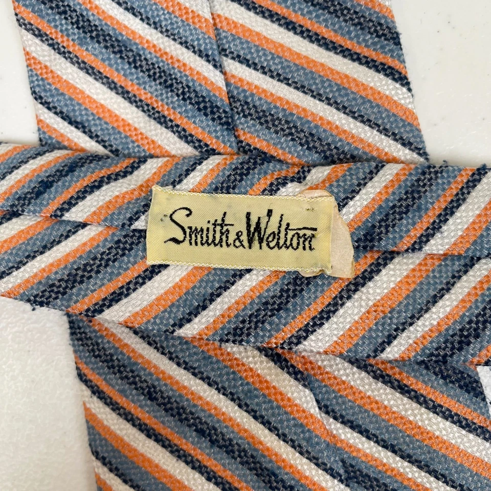 Corbata vintage Smith & Welton diagonal a rayas para hombre naranja azul tejida años 70 Foto 4 de 4