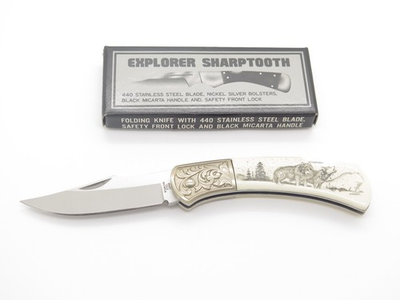 #ad Vtg Explorer G Sakai Seki Japan Wolf Scrimshaw 3.1 Folding Lockback Pocket Knife $21.95