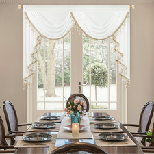Charming White Sheer Waterfall Valance Curtains with Beaded Tassels, 59" Wide