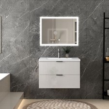 Modular bathroom vanity, wall-mounted, white/oak color, double drawers with sink