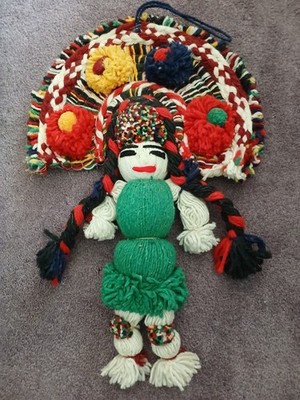Vintage Mexican Azteca Folk Art Yarn Pom Pom Doll, 16.5 in., Hangeable