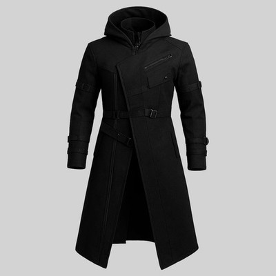 Men s Gothic Wool Trench Coat Hooded Long Black Jacket Steampunk Cosplay Costume