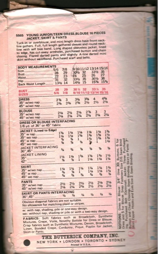 5565 Vintage Butterick Sewing Pattern Juniors 1960s Dress Blouse Jacket Skirt - Image 2 of 2