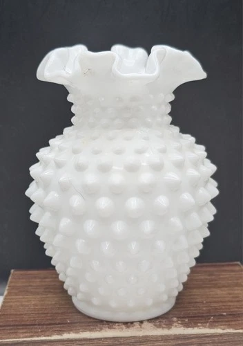 Vintage White Hobnail Milk Glass Ruffled Edge Vase