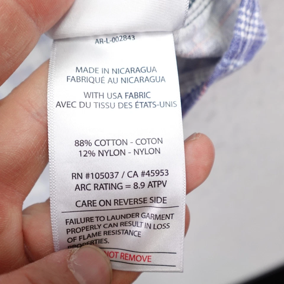 Ariat FShirt Mens Large Blue Plaid FR Flame Resistant Cat 2 Button Up Utility - Image 4 of 4