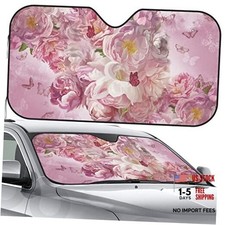 Front Window Car Sun Shade Windshield Medium Pink Flowers Butterflies Oil Paint