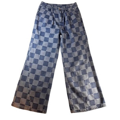 Checkered Patchwork Wide Leg Denim Pants Blue High Rise Pleated Trousers