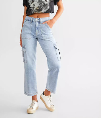 VERVET by Flying Monkey Women 28 Cargo Straight Jeans Light Wash High Rise T5926