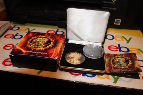 2014 BURNING SILVER LIBERTY DOLLAR COIN W / BLACK RUTHENIUM W / 24 KT. GOLD