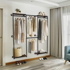 Industrial Pipe Clothes Rack w/ Shelves Wall Mounted Walk-in Garment Rack Closet
