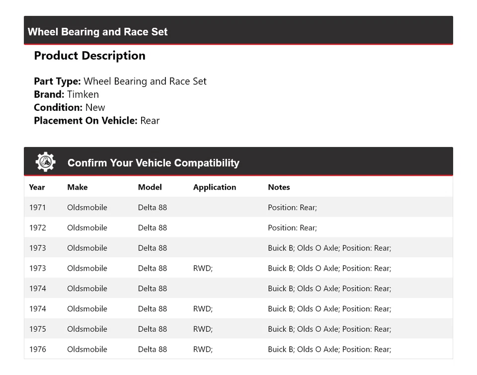 Задний подшипник колеса и гоночный комплект для 1971-1976 Oldsmobile Delta 88 Timken 1972 - Изображение 2 из 4