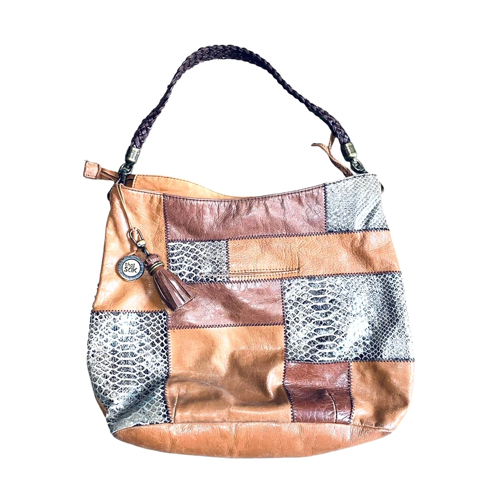 The Sak Patchwork Indio Shoulder Bag Hand Braided Strap Brown Hobo Slouch Purse - Image 2 of 4