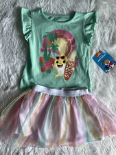 Pinkfong Baby Shark Shirt Skirt Toddler Girls Sz 18M Green Tulle 2 Piece
