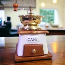 Vintage Blue Delft Style Café Coffee Mill Grinder Porcelain, Wood, Brass NOS