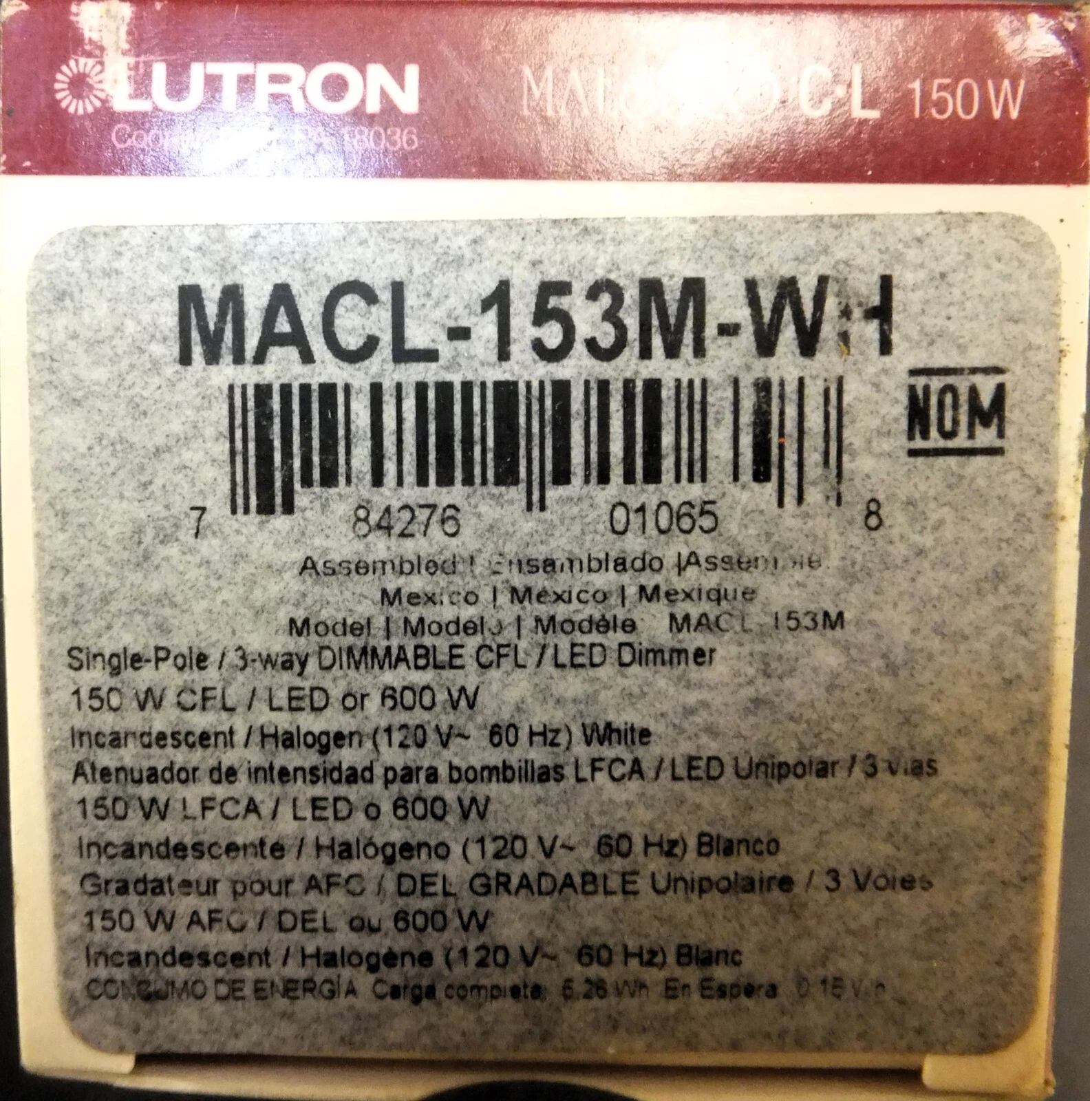 LUTRON MAESTRO MACL-153M-WH LIGHTING DIMMER