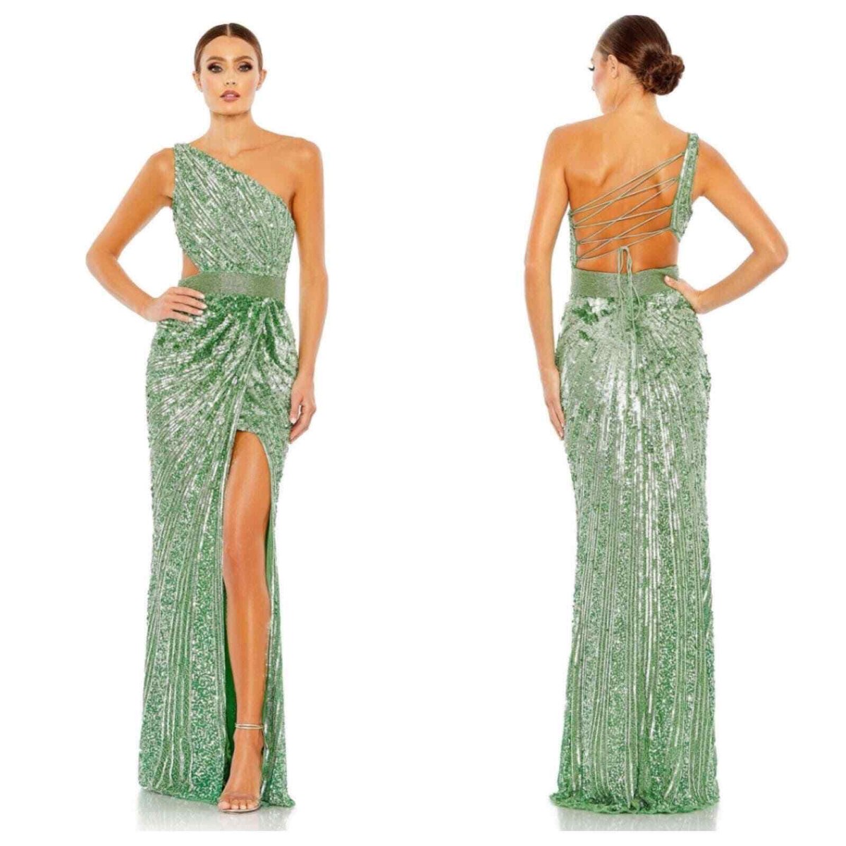 Mac Duggal Sequined 5687 One Shoulder Draped Lace Up Gown Sage Green Size  10 NWT | eBay