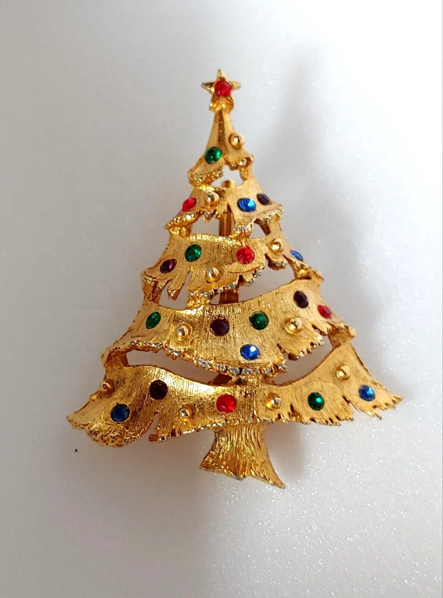 Christmas Tree JJ Brooch Vintage Pin Jonette Jewelry Gold Tone Rhinestone SIGNED