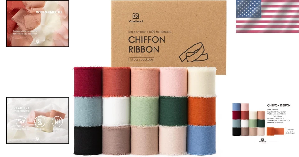 Juego de cintas de seda de gasa - 15 rollos borde deshilachado rústico Foto 2 de 4