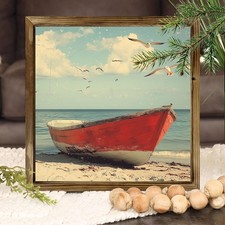 Vintage Red Boat Seagull Wooden Sign Beach Coastal Nautical Decor for Bathroom