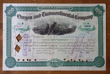 Oregon & Transcontinental Co Stock Certificate Original 100 Shares 19 Nov 1886