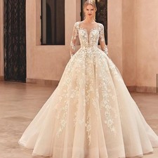 Exquisite Wedding Dresses Appliques A-line O-Neck Bridal Gowns Floor Length