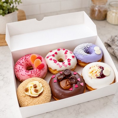 6er Pack Bäckereibox 392 mm x 220 mm x 65 mm weiß Keksdosen für Donuts x 10 Schachteln