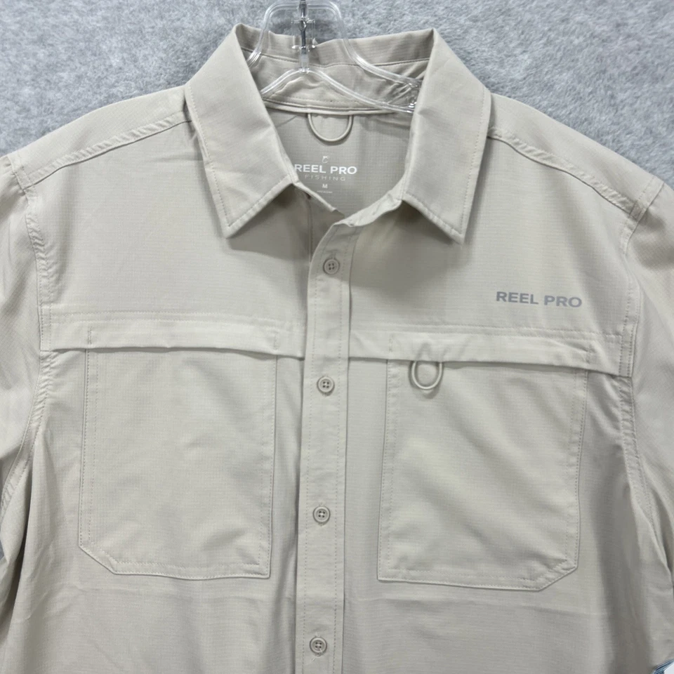 Reel Pro рыболовная рубашка мужская маленький желтовато-коричневый коротким рукавом вентилируемый рипстоп UPF 50 новый - Изображение 2 из 4