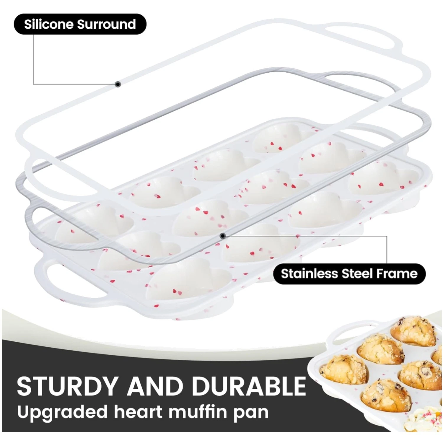 Silicone Heart Shaped Muffin Pan, 2 Pack Cupcake Mold