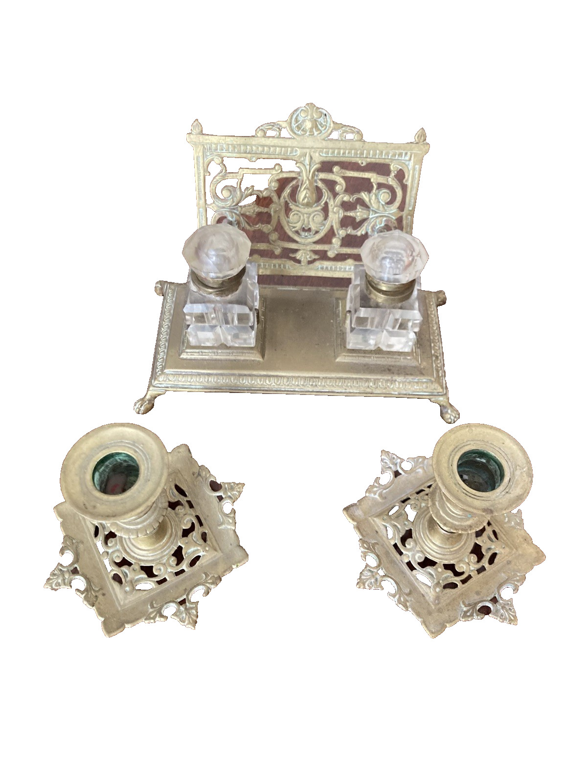 Vintage Victorian Style Ornate Brass Double Inkwell Desk Set & Candlesticks