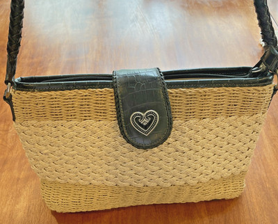 Shoulder Bag Woven Straw~Coldwater Creek~Leather Accent Silver Heart Classic