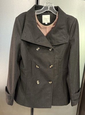 Thread & Supply Women's Large Double-Breasted Pea Coat Jacket Black Quiet Luxury