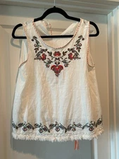 Max Studio Floral Embroidered Sleeveless Top Bohemian Fringe Hem Tie Boho Size M