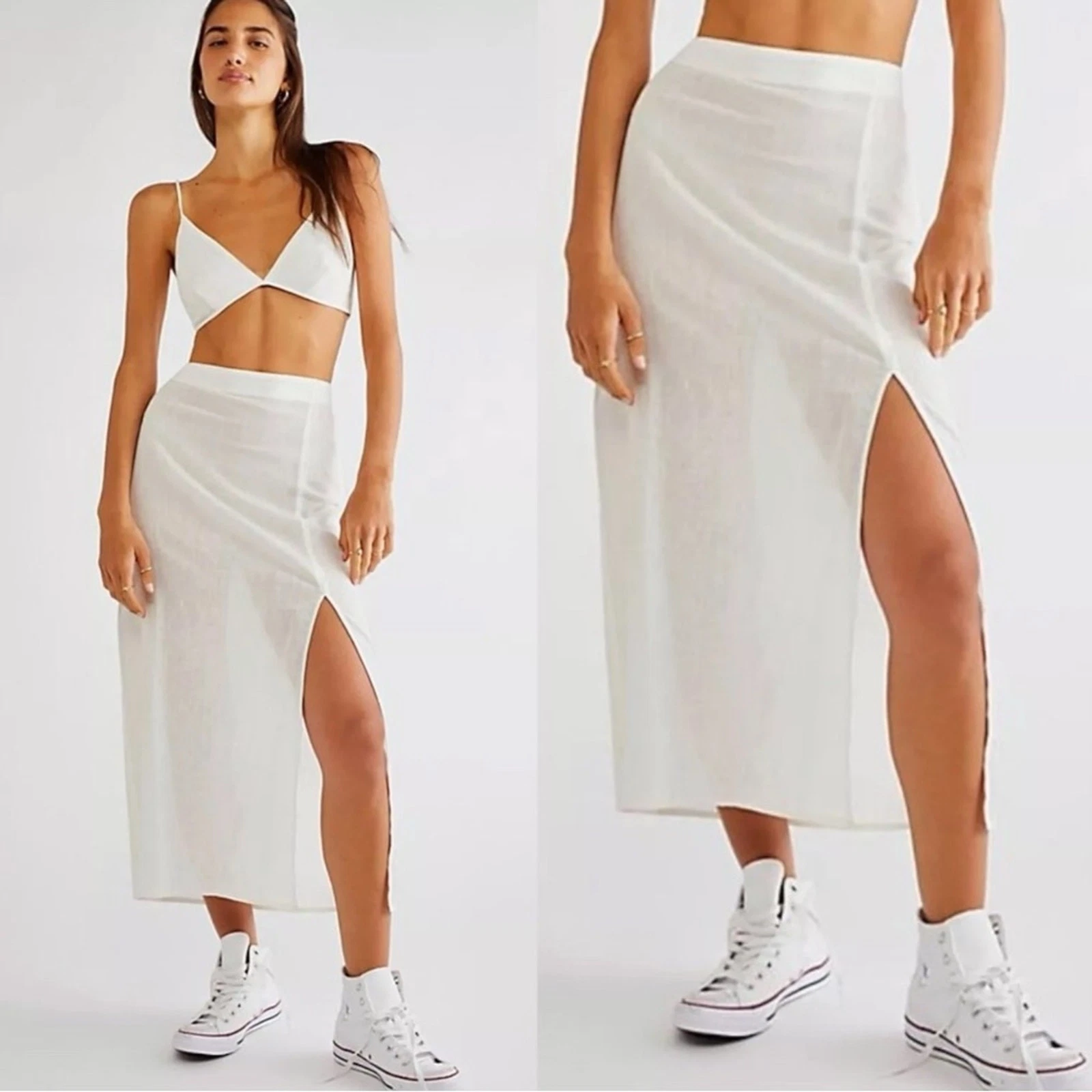 Free People Ethereal Dainty Sheer Linen Midi Skirt White Large NWT Beach Summer