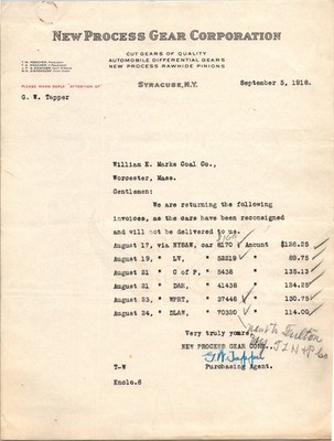 1918 New Process Gear Corporation Letter Syracuse NY Industrial Ephemera
