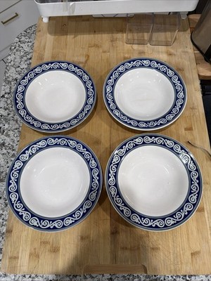 PIER 1 Blue Vitra Scroll White Brazil 8.75'' Soup Pasta Bowls Set of 4 Vintage *