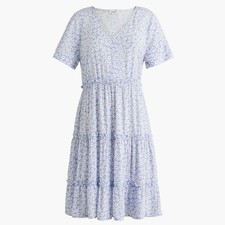 NWT J Crew Factory V-neck Ruffle Tiered Mini Dress Watercolor Blue White XS
