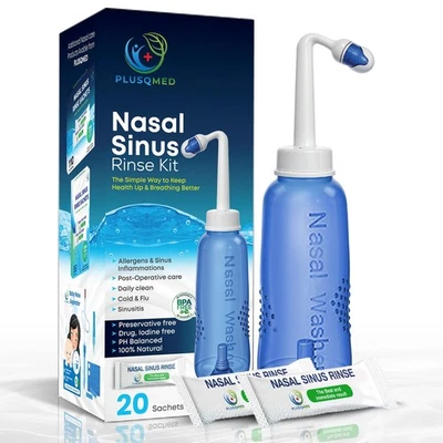PLUSQMED Nasal Rinse Kit – 300ml Bottle + 20 Saline Packets – Neti Pot for Sinus