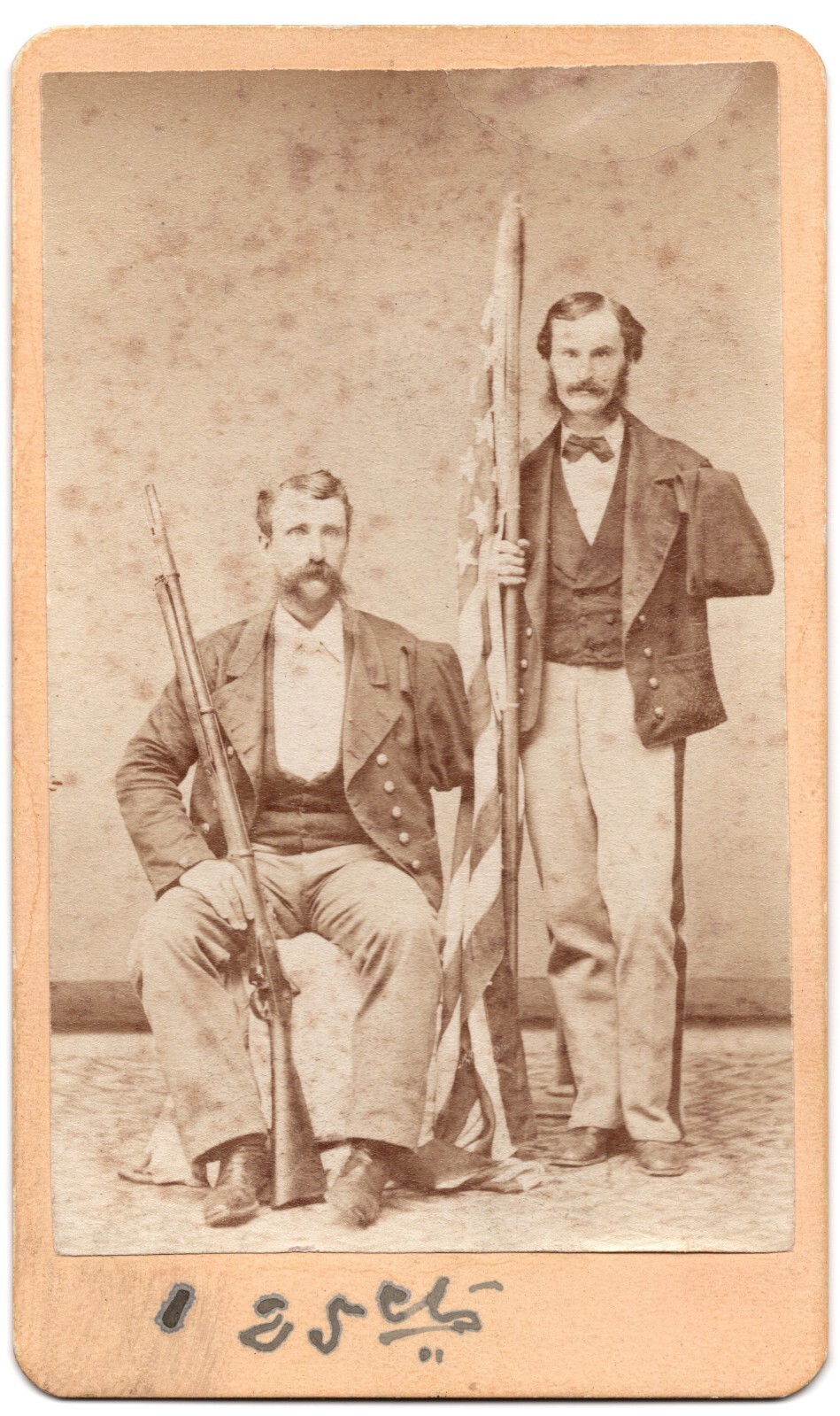 ANTIQUE CDV CIRCA 1870s WOUNDED AMPUTEE CIVIL WAR VETERANS HOLDING AMERICAN FLAG
