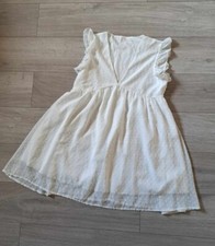Shein Ivory Sheer Textured Spot Flared Dress Polka Dot Frilled Holiday UK12/14