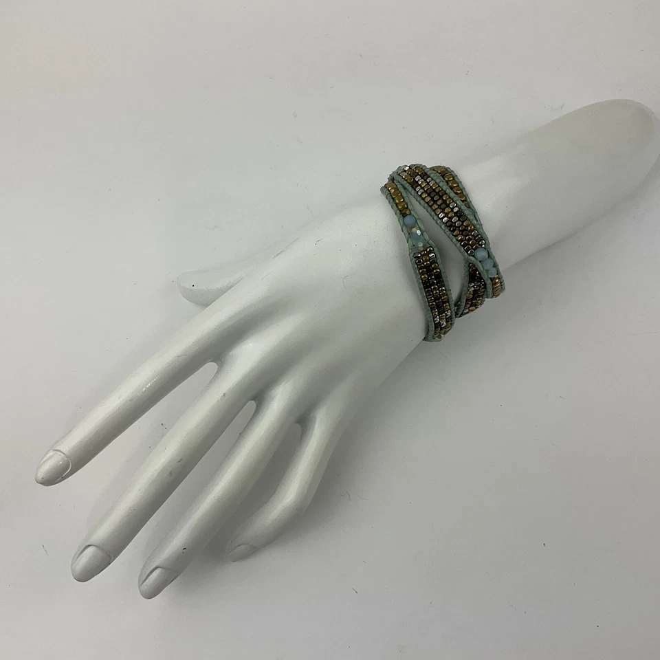 Nakamol 3X Pulsera Envolvente Cuero Aqua Cristales Bronce Oro Cuentas Ajustables Boho Foto 2 de 4