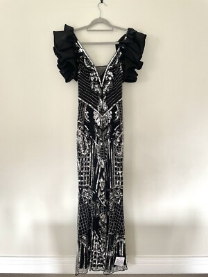 ASOS DESIGN ruffle sleeve Embellished maxi dress in black and silver. Size  6 | eBay