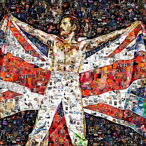 Art Collage Poster Print Freddie Mercury with UK Flag Made Of Rock Music Albums - Picture 2 of 11