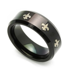 Men 8MM Comfort Tungsten Carbide Wedding Band Fleur De Lis Patterned Black Ring